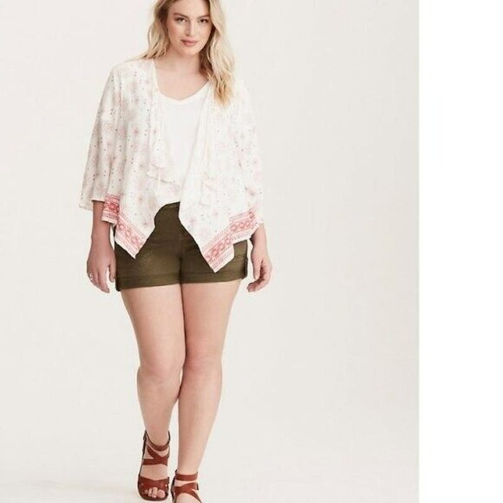 Torrid Ivory & Pink Embroidery Print Open Front Twill Jacket Boho Cardigan 3X